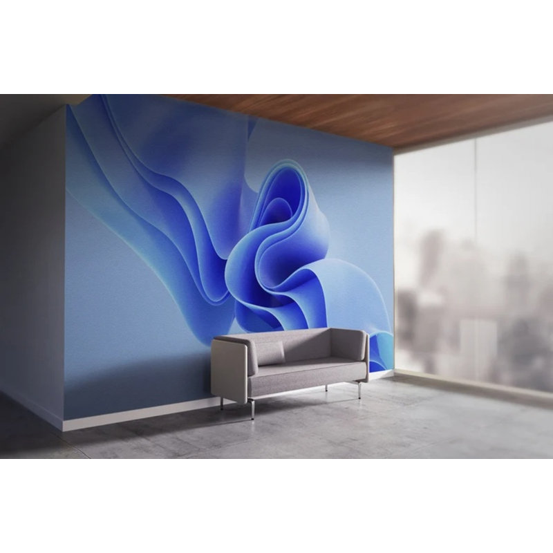 Murale 3D à vagues fluides abstraites - Sculpture de ruban fluide en bleu sur fond clair, 114" L x 204" W