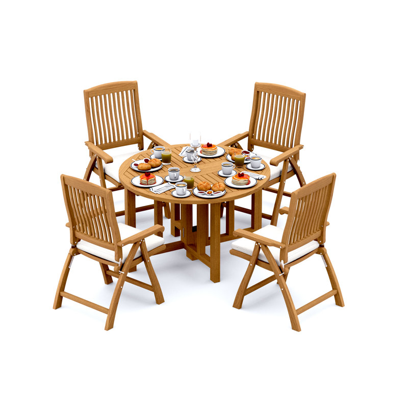 5 Pcs Grade-A Teak Wood Dining Set: 48" Round Butterfly Table And 4 Marley Folding Reclining Arm Chairs #11MR0904, 4