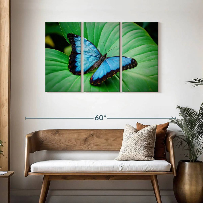 Ronce bleu Morpho sur feuille, H 28 po x l 45 po