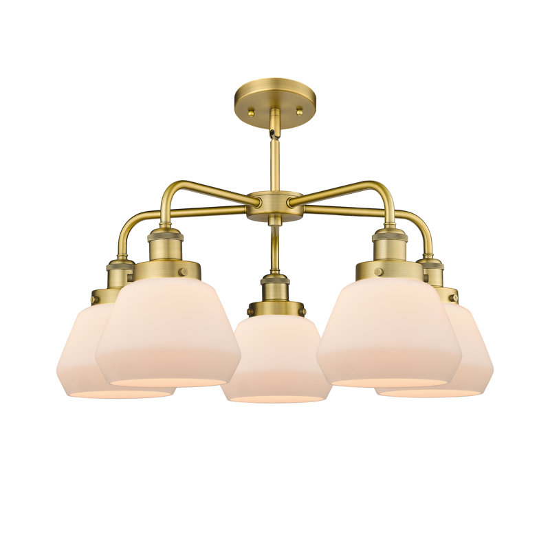 Lustre bol à 5 lumières en verre Fulton, Blanc mat, Laiton brossé