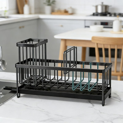 Organisateur d'évier de cuisine avec vidange automatique, chariot d'évier en acier inoxydable avec séparateurs réglables, grand porte-brosse et support à vaisselle pour comptoir