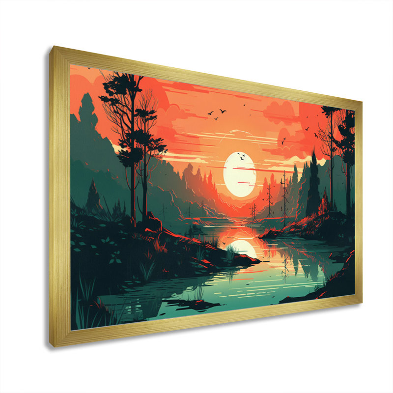 Magnifique soleil couchant sur des arbres II - reproduction, Encadrement doré, H 16 po x l 32 po x P 1 po