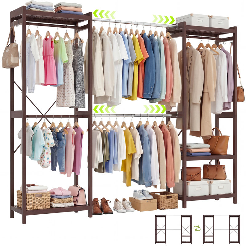 74"-93" Expandable Clothing Rack With 5 Hanger Rods & Shelves, Espresso