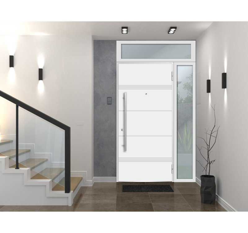 Porte avant en acier pré-suspendue à l'avant / deux en émail blanc 1705 / fenêtre extérieure latérale et supérieure noire / inserts en acier inoxydable peints simples modernes - l 36 po x H 80 po + 16 po - Gauche