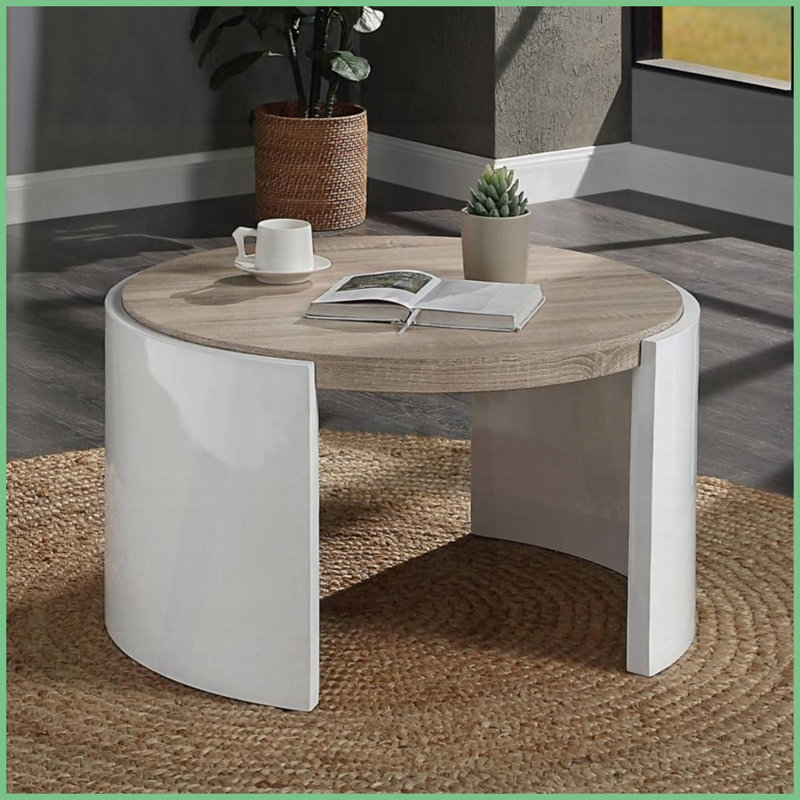 Chêne & amp; Table basse blanche à 1 tiroir ultrabrillante pour le salon, rangement robuste et moderne Conception facile à nettoyer
