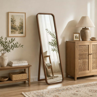 Miroir pleine grandeur avec cadre en bois de hêtre, autoportant et mural, miroir corporel pour chambre à coucher et salon