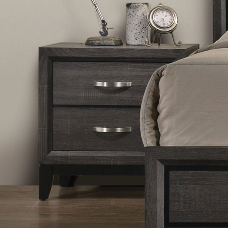 Table de chevet à deux tiroirs gris avec pieds en bois, mobilier de chambre à coucher | Idée de cadeau