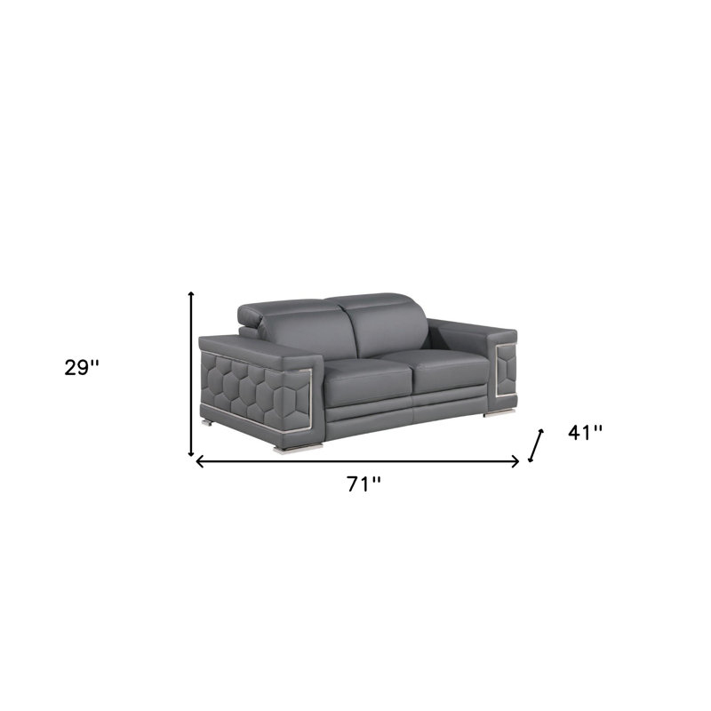 71" Gray And Silver Genuine Leather Loveseat