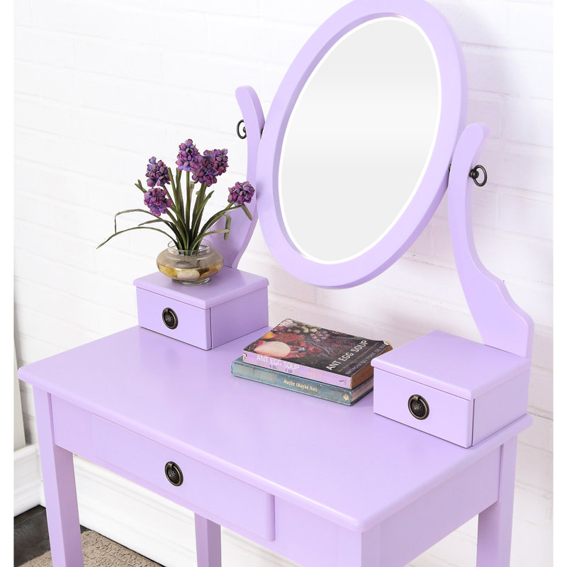Fascinating Purple Wood Vanity With Stool, 3 Drawers And Adjustable Beauty Care Mirror Table Cozy Stool 3 Storage Appeal