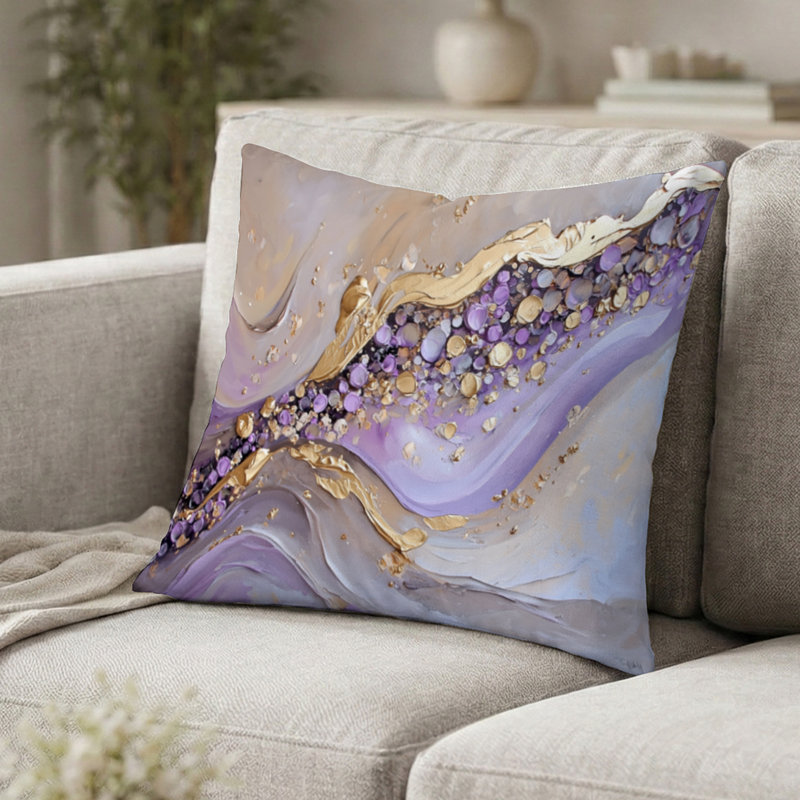 Coussin décoratif Paysages - Pierres géodes dorées et violettes Rivière II, H 20 po x l 20 po