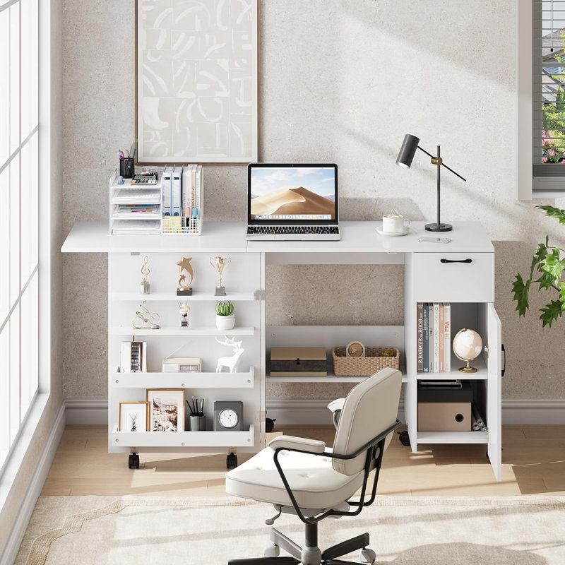Folding Sewing Machine Table With Storage Shelves And Sliding Drawer, Rolling Side Desk With Lockable Wheels, Craft Station For Sewing Machine For Home, Bedroom, White
