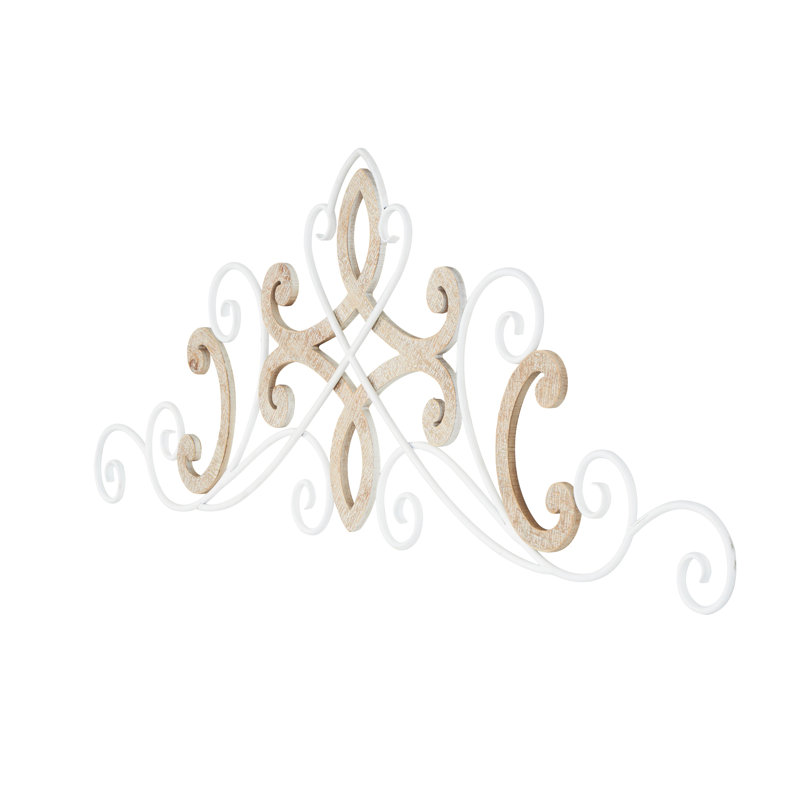 Wooden Scroll White Wall Decor with Wood Accents