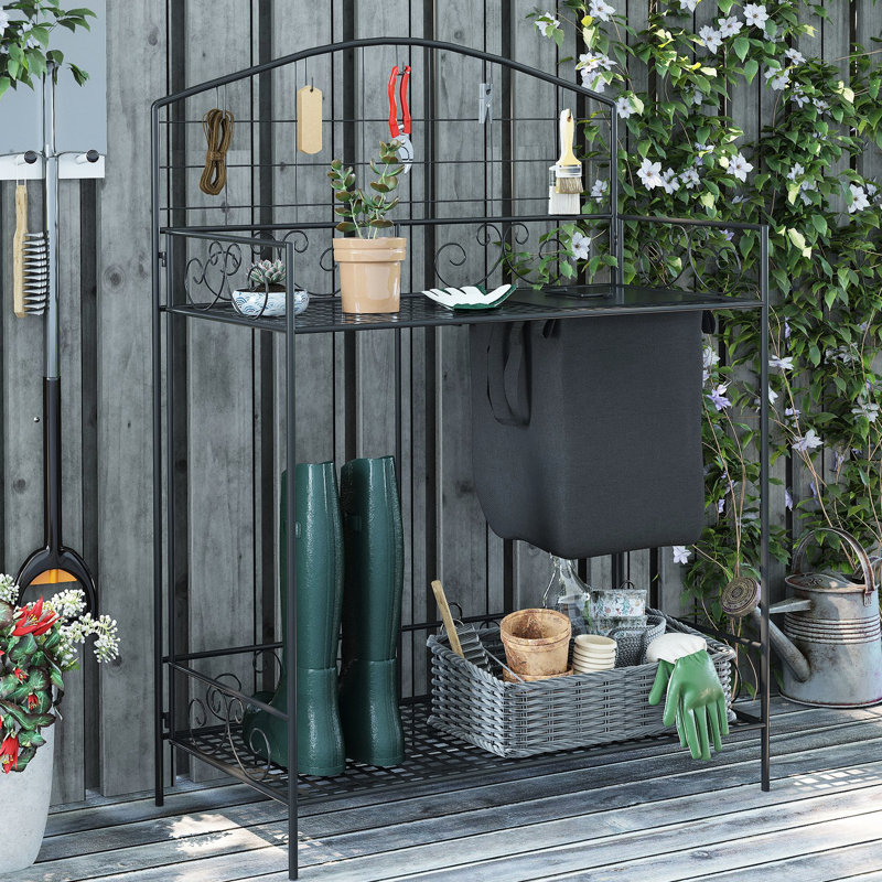 Banc de jardin avec design pliable, sac et housse de table de travail en métal, 5 crochets et tablette, ergonomique pour une plantation pratique, bureau noir, grande activité de jardinage sans effort sur le sol,