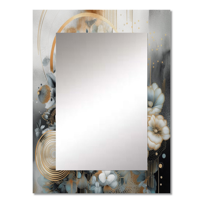 Golden Blue Silky Flower Design II - Floral Large Mirror, Traditional Unique Wall Mirror Decor, Printed Metal Art, 32" x 24"