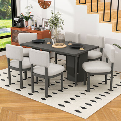 7-Piece Rustic Dining Set with Rectangular Wood Table and 6 Upholstered Chairs