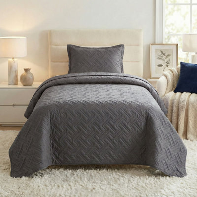 Ensemble de courtepointe pour lit simple 2 pièces Lavish Home - Couvre-lit simple et taie décorative avec motif à losanges en relief - Ensemble de literie pour courtepointe légère toutes saisons - Couvre-lit en microfibre douce (gris)