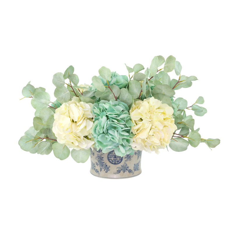 Hydrangeas and Eucalyptus in Decorative Vase