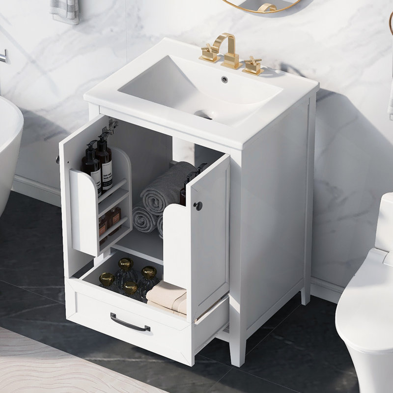 Meuble-lavabo avec lavabo, meuble-lavabo avec tiroir et portes, bois massif et panneau de fibres à densité moyenne