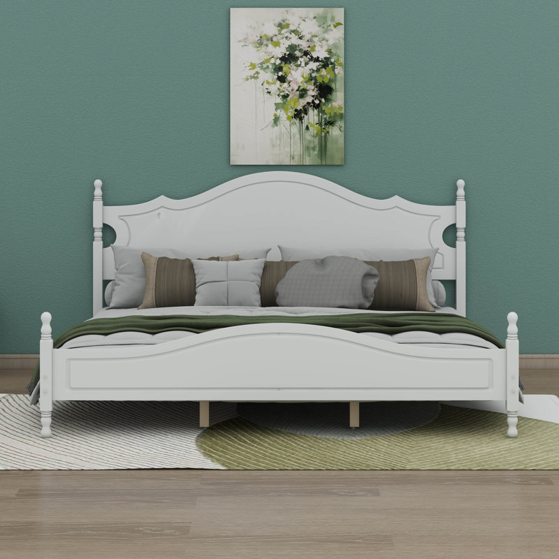 Très grand lit avec tête de lit, lit plateforme en bois de style rétro, Blanc