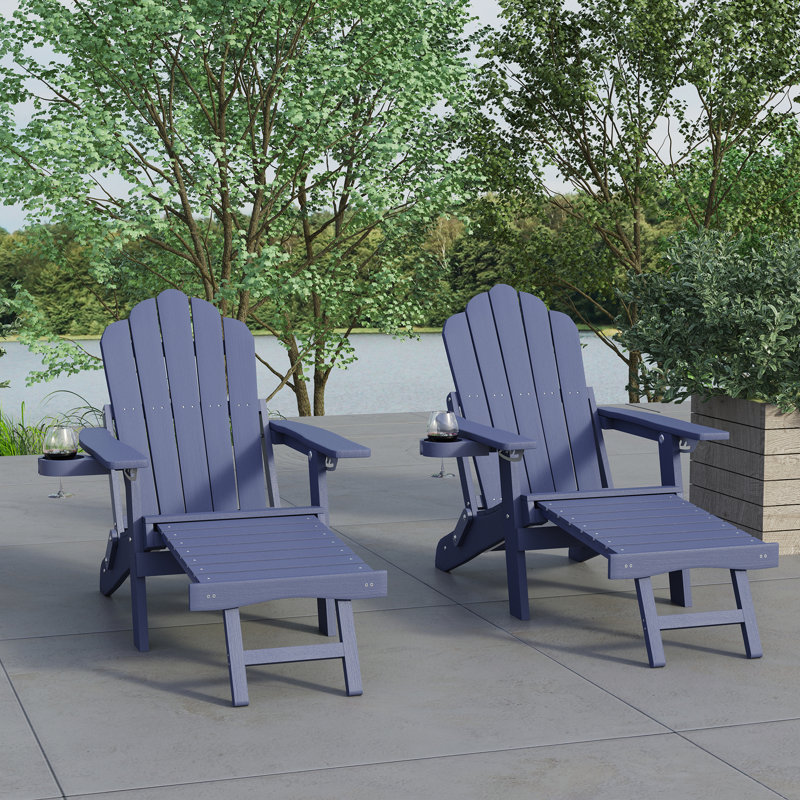 Ensemble de 2 chaises Adirondack pliantes avec porte-gobelet et repose-pieds rétractable HiPS pour patio, Marine