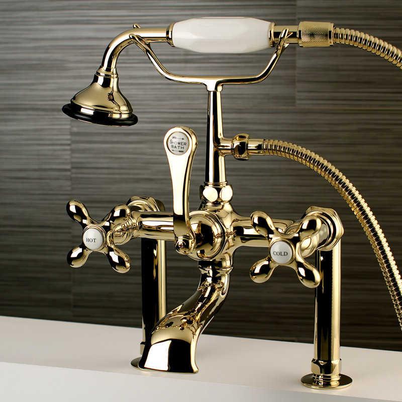Robinet pour baignoire à pattes à 3 poignées et fixation sur le comptoir à 3 trous et cuivres Kingston, Laiton poli