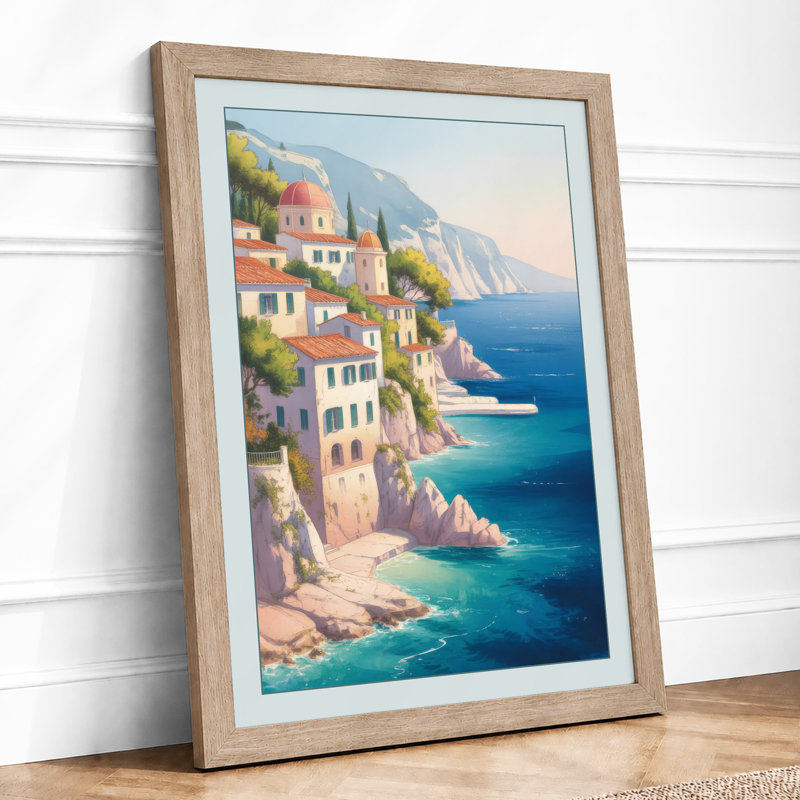 Clifftop Mediterranean Village Coastal - Framed Print, A1 - 84.1 x 59.4 cm, Oak