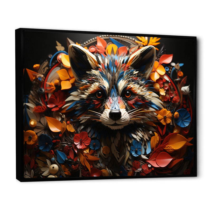 Curious Raccoon Collage III sur toile, H 12 po x l 20 po x P 1 po, Cadre flottant noir