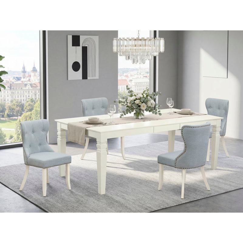 5 Piece Dinette Set Includes a Rectangle Dining Room Table with Butterfly Leaf and 4 Baby Blue Linen Fabric Parson Dining Chairs, Linen White