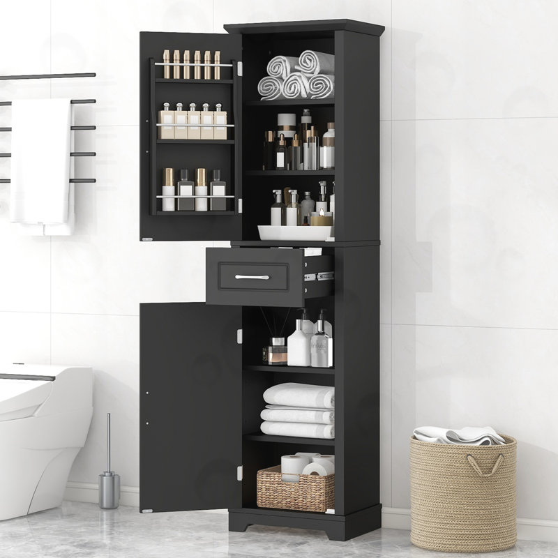 Grande armoire de rangement pour salle de bain avec tablettes réglables, Noir