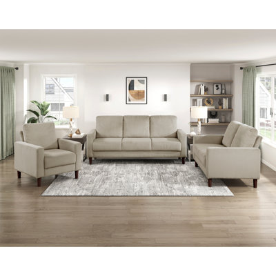 Moderne 3 pièces et fauteuil en velours côtelé taupe doux, structure en bois massif, coussins en mousse haute densité confortables, rembourrés de 3 pièces pour un salon relaxant, dossiers rembourrés, rembourrage,