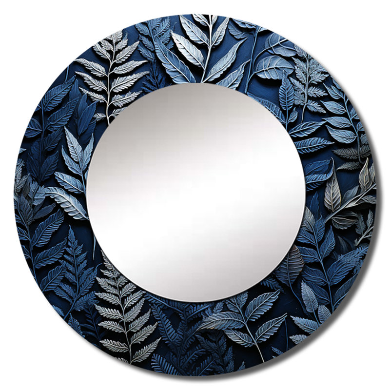 Fougères bleues Verdant Elegance V - miroir de fougères, miroir mural décoratif rond moderne, impression d'art en métal