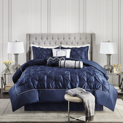 Magnifique édredon bleu marine 7 pièces - 100%, jupe de lit froissée