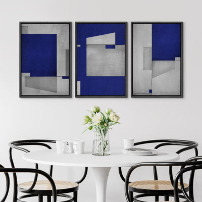Bleu foncé, gris, géométrique, bloc, abstrait, Mid-Century, formes modernes, illustrations, décor chic