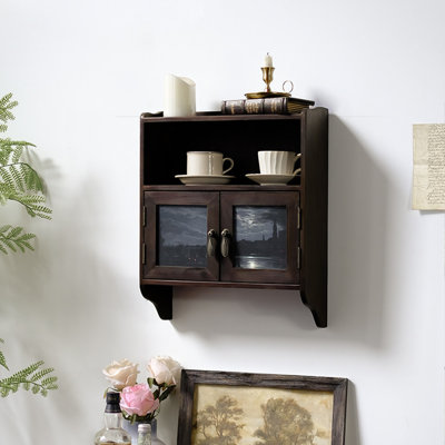 15.75" French Vintage Dark Brown Solid Fir Wood Wall-Mounted Storage Cabinet for Living Room Decor & Organization