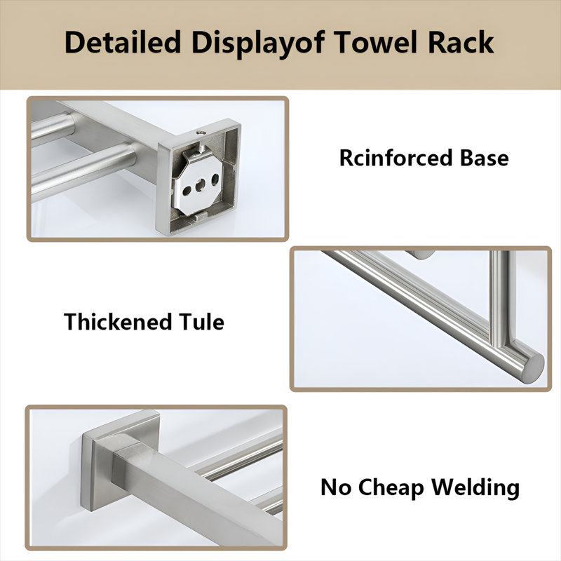 Stainless Steel Wall Mounted Towel Rack, 5" H x 16.46" L x 7.88" D, BrushedNickel