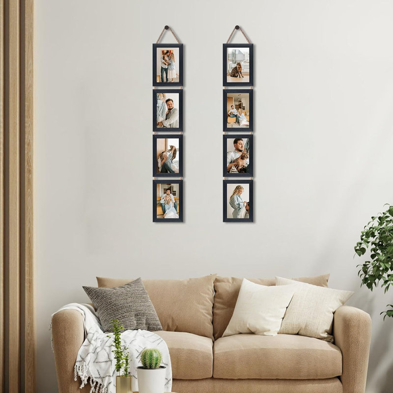 Paquet de 4 cadres photos suspendus 4 x 6 avec corde de chanvre - décoration murale verticale noire texturée, languettes de verrouillage rotatives faciles à installer, présentoir multi-photos pour la maison et le cadeau rustique