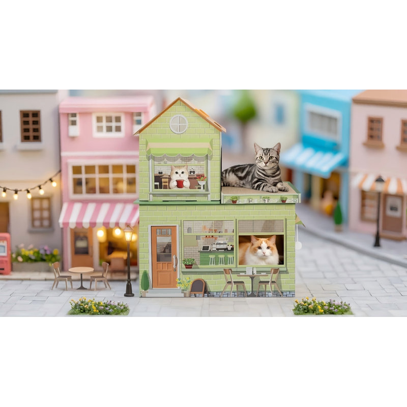 Maison de chat en carton pour chats d'intérieur, cachette de griffoir à thème de café avec tampons à gratter, maisonnette pour chatons, lapins et petits animaux