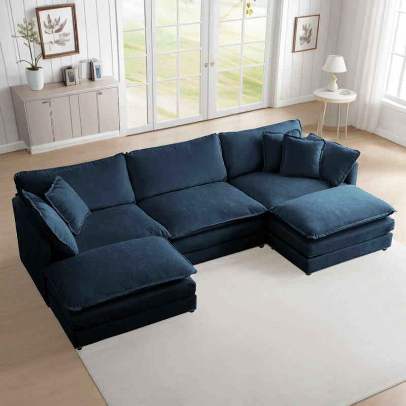 Canapé modulaire en U en chenille avec repose-pieds mobile à 2 compartiments Latitude Run, Chenille bleu