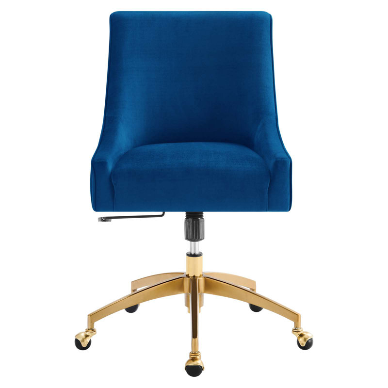 Navy Velvet and Gold Swivel Office Chair with Wood Accents