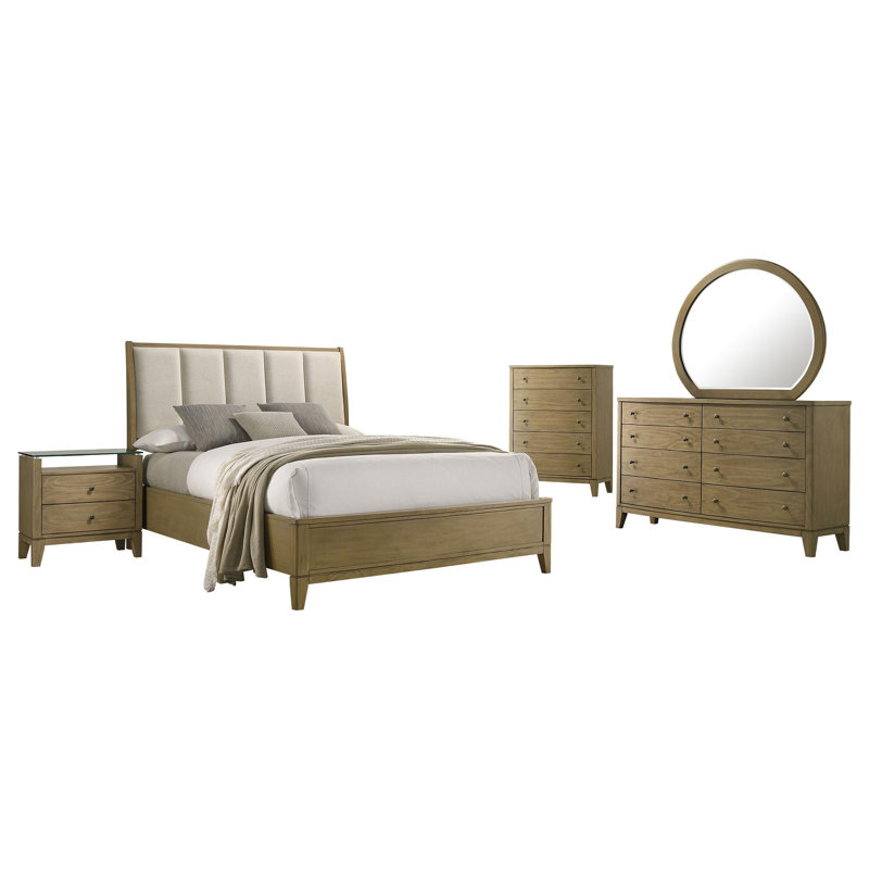 Leny 5-piece California King Bedroom Set Natural Pine, California King, 5 Pcs: Bed, Nightstand, 2 Dressers, Mirror