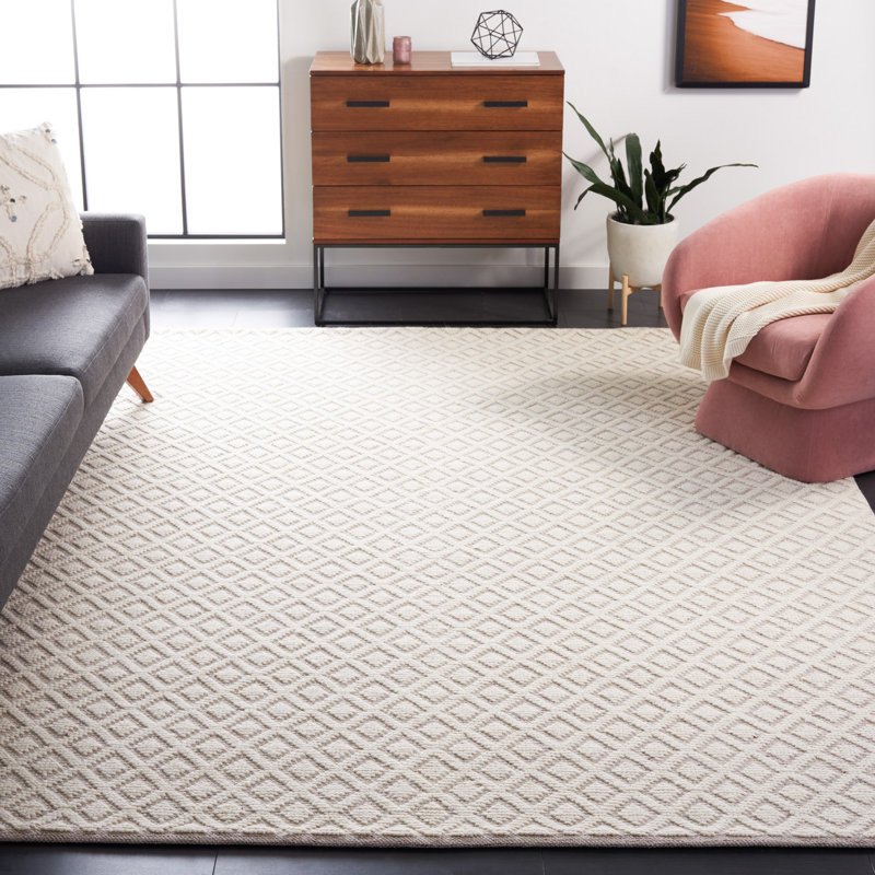 Tapis géométrique en laine tissé à la main ivoire / rouge, Rectangle de 5 pi x 8 pi