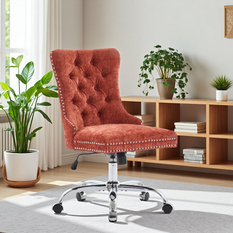 Office Chair,Modern Chenille Upholstered Tufted Button Home Office Chair With Chrome Metal Base,Adjustable Desk Chair Swivel Office Chair