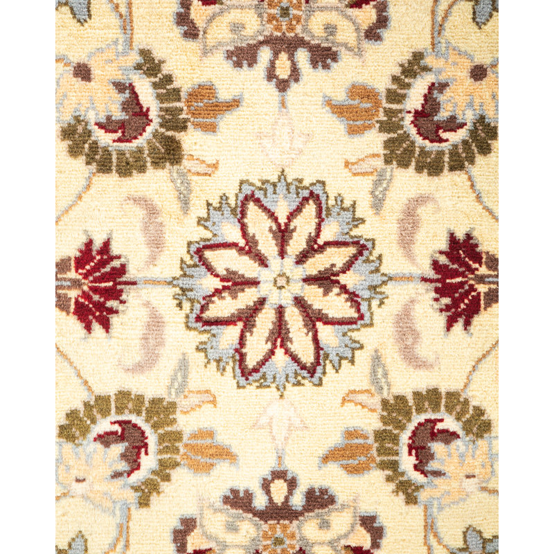 Ivory and Red Hand-Knotted Square Wool Area Rug