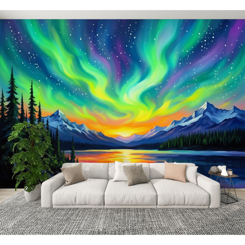 Papier peint auto-adhésif Northern Lights Forest Mountain Scenic Aurora Borealis Sky Colorful, L 144 po x l 100 po