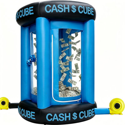 Cabine de caisse gonflable de 8 pi avec 2 souffleurs, jeu d'argent portable pour le Carnaval de fête, ensemble complet avec 100 faux billets, sacs de sable, piquets et sac de transport, bleu