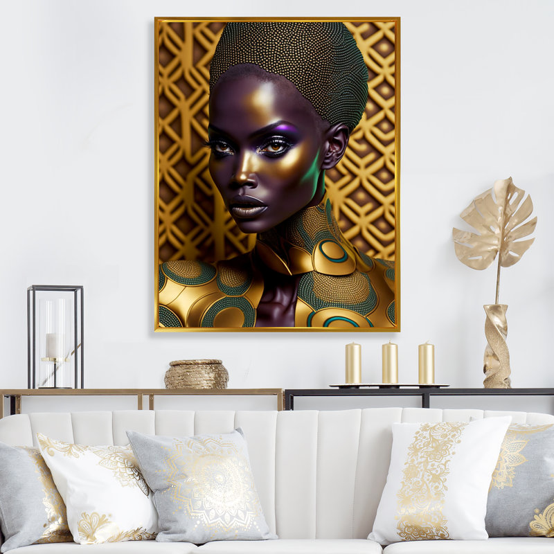 Portrait d'une femme africaine glamour - Impression, H 44 po x l 34 po x P 1,5 po, Cadre flottant doré