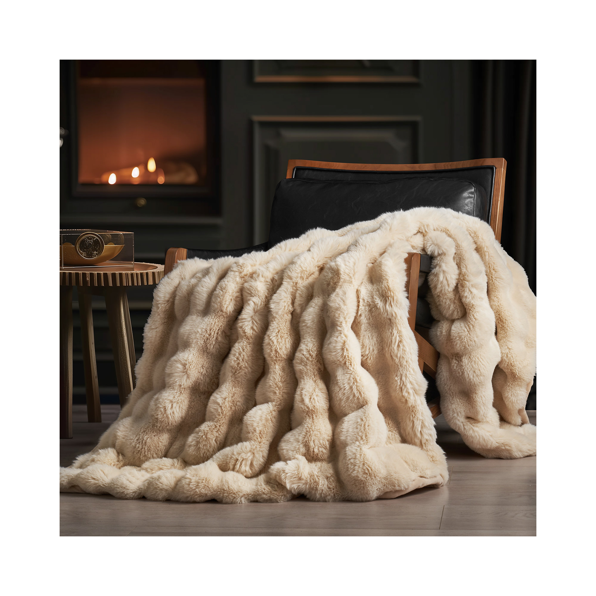Ridgeline Faux Fur Throw Blanket, Beige, 60" L x 50" W