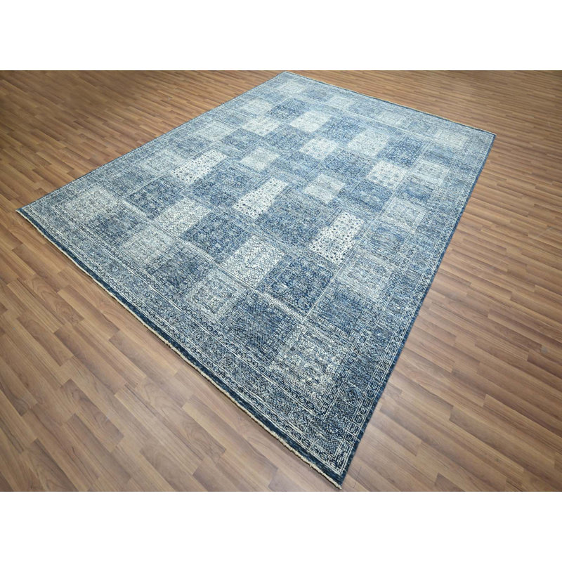 Tapis oriental rectangulaire bleu en laine noué à la main 8 pi 1 po x 10 pi 2 po - MOA10276424