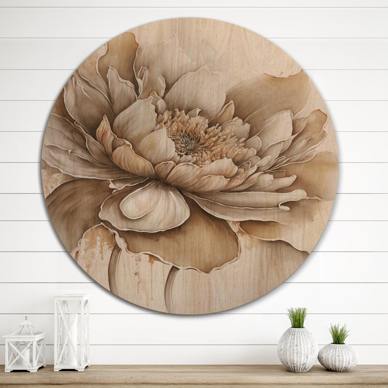 Indigold beige fleur III - Art mural floral et botanique en bois - Bois de pin naturel, H 23 po x l 23 po x P 1 po