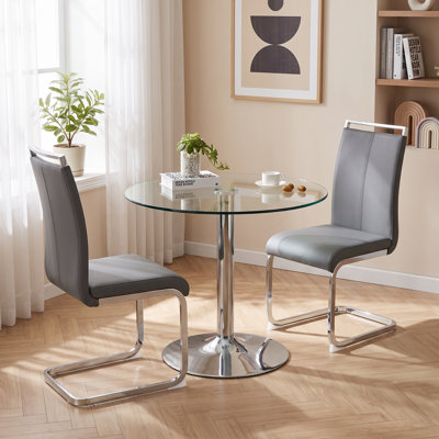 3-Piece Modern Round Tempered Glass Dining Set with Faux Leather Cantilever Chairs 
